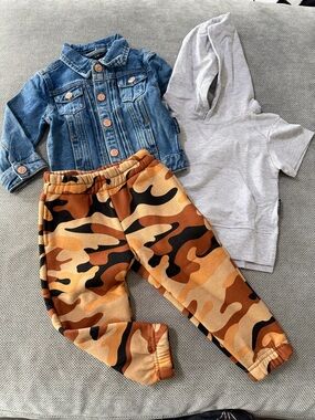 Little Bipsy 3 Piece Outfit 12-18M Denim Jacket Rebel Bro Camo Joggers Set